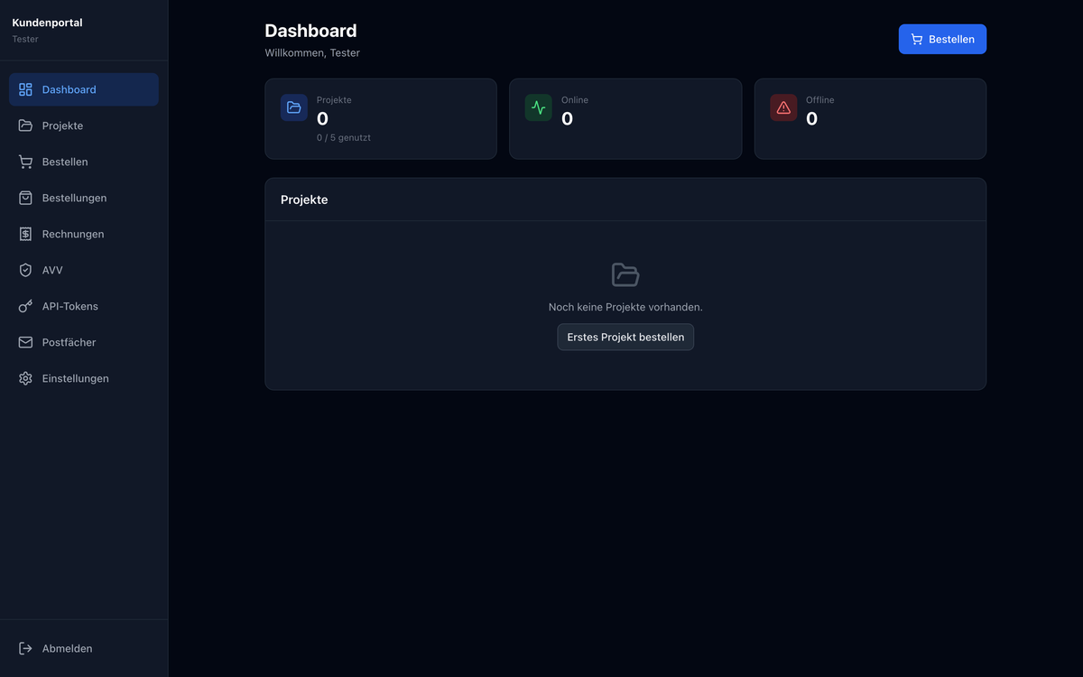 Das Kundenportal nach der Anmeldung: Projekte, Bestellungen, Rechnungen, AVV, Tokens und Postfächer